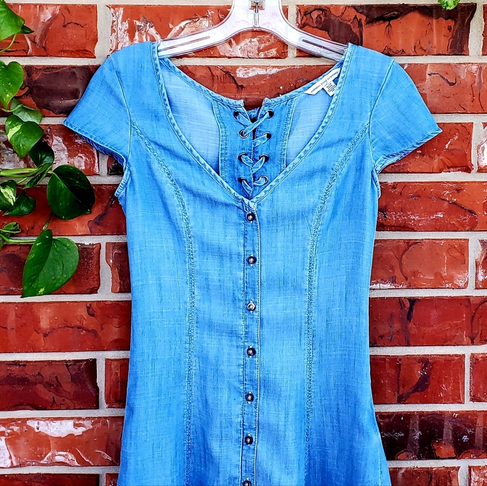 American Eagle 00's Blue Denim Back Keyhole Lace-Up Mini Dress Size XS